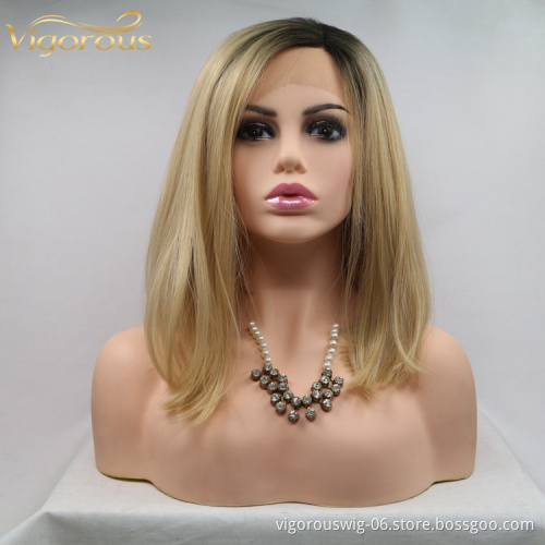 Vigorous mono long premium high quality straight wholesale black women synthetic hair wigs with lace front